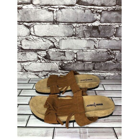 MINNETONKA Daisy Brown Fringe Suede Leather Slides Sandals Women Sz 10M US/41EU - Picture 7 of 16